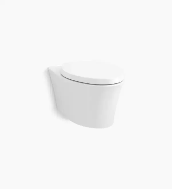 Toilette murale allongée Veil de Kohler de couleur blanche, au design compact et aux formes arrondies.