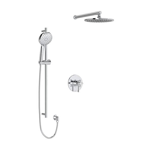 Ensemble de robinet de douche fini chrome poli avec tête de douche pluie, douchette sur rail et poignée en croix.