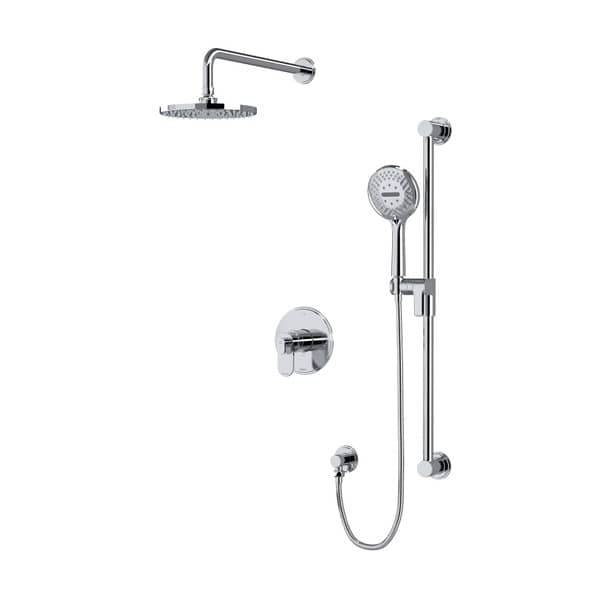 Ensemble de robinet de douche Arca 323 style transitionnel au fini chrome, douchette sur rail et tête de douche effet pluie.