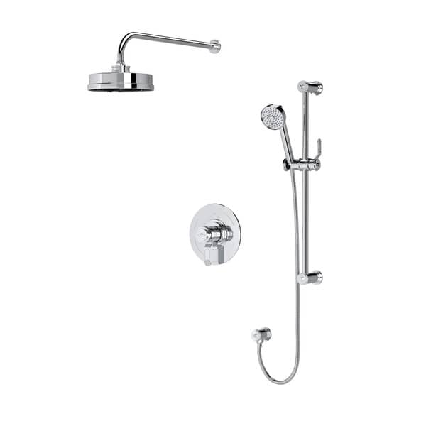 Ensemble de robinet de douche 323 chrome de style transitionnel avec tête de douche pluie 8 po et douchette sur rail.