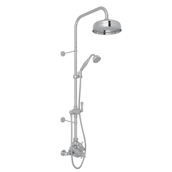 Ensemble de robinet de douche fini chrome, style traditionnel européen avec tête de douche, douchette et poignées en croix.