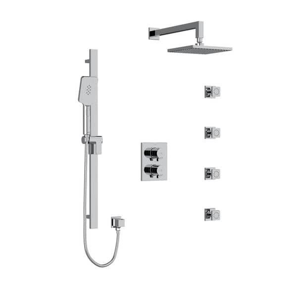 Ensemble de robinet de douche thermostatique chrome avec douchette sur rail, tête de douche carrée et 4 jets de corps.