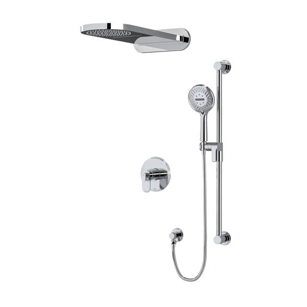 Robinet de douche Arca fini chrome avec douchette sur rail et tête de douche pluie et cascade, style transitionnel.
