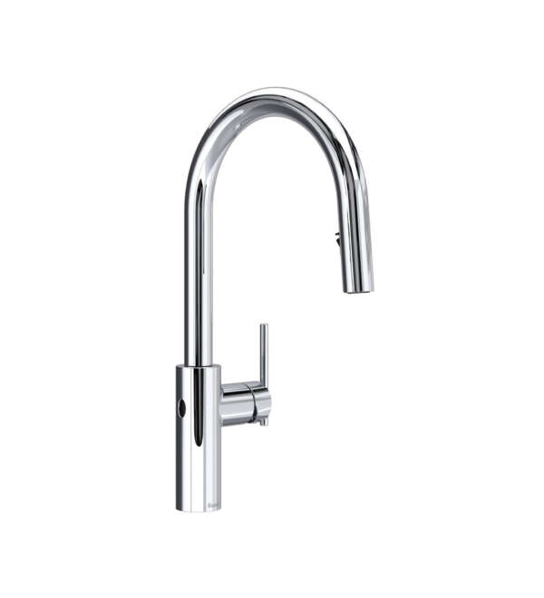 Robinet de cuisine rétractable sans contact à bec en C LATERAL au fini chrome, offert chez Thalassa Laval