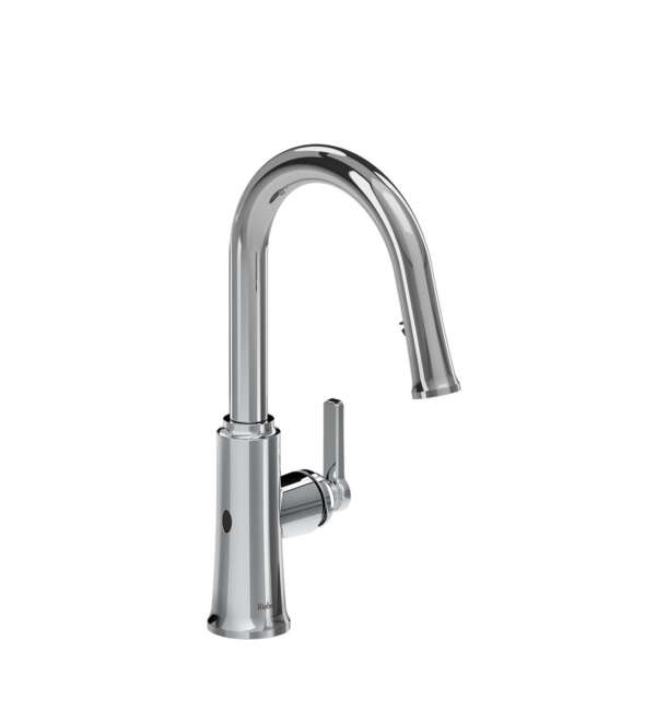 Robinet de cuisine rétractable sans contact à bec en C TRATTORIA au fini chrome, offert chez Thalassa Laval
